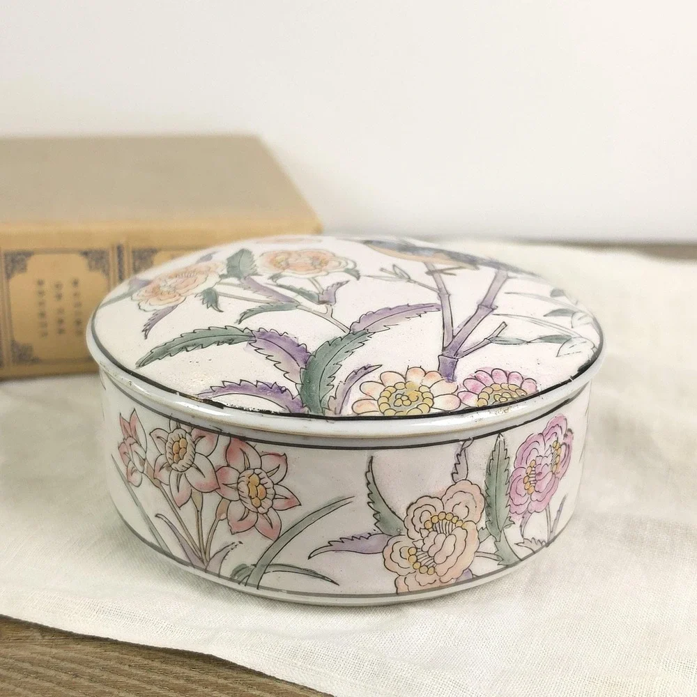 Vintage‎ Floral Trinket Dish, Porcelain Hand Painted Jewelry Box